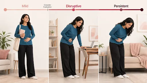 Woman experiencing different levels of pelvic pain symptoms from mild to severe discomfort at home