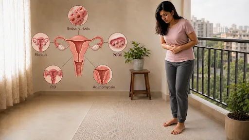Woman with pelvic pain standing near an illustration showing common causes like PCOS, fibroids, endometriosis and adenomyosis