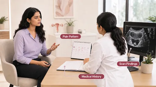 Woman discussing pelvic pain symptoms with a gynaecologist during consultation with ultrasound scan review