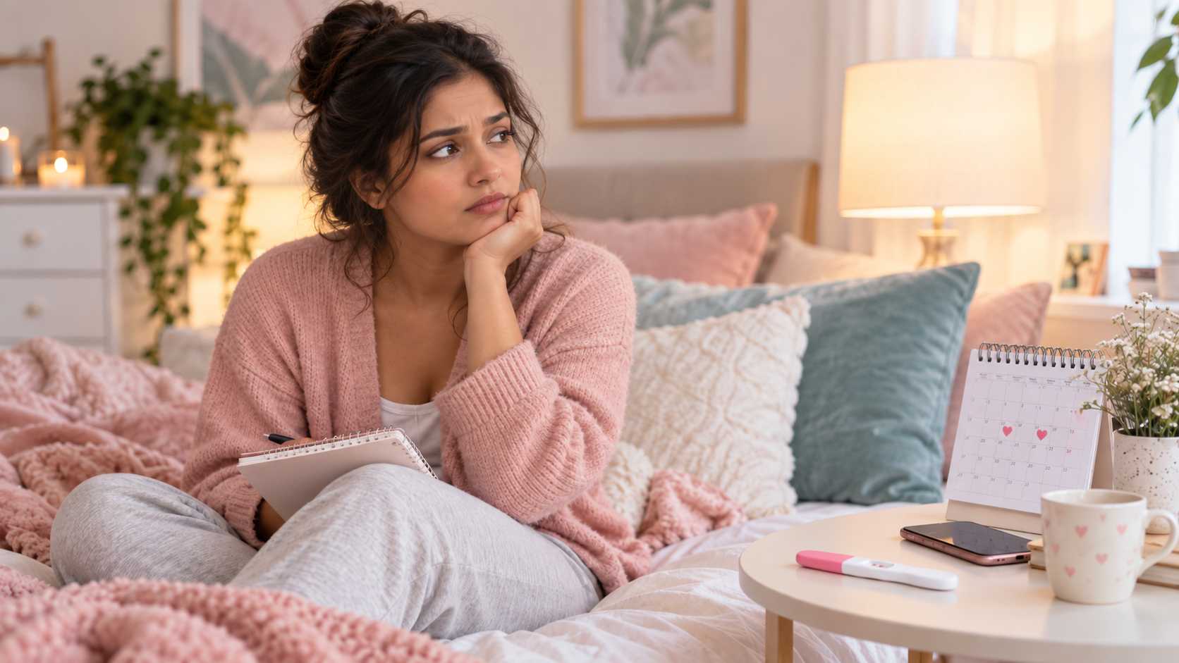 Worried Indian woman sitting on a bed with a menstrual calendar and pregnancy test, wondering whether her missed period indicates pregnancy.