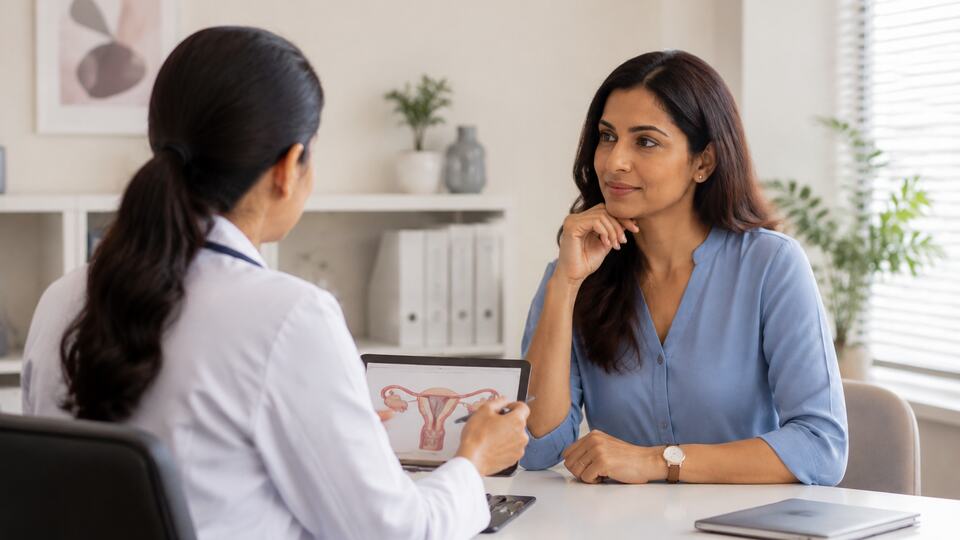 Woman discussing fertility concerns with a female gynaecologist using a digital illustration of the uterus and ovaries