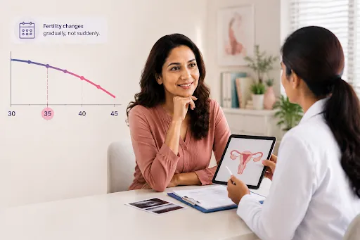 Woman consulting a gynaecologist about age-related fertility decline, with a fertility graph showing changes after age 35.