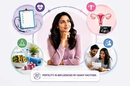 Illustration highlighting factors affecting female fertility, including reproductive health, lifestyle, medical tests and partner support