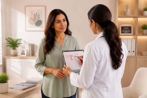 Female gynaecologist explaining the female reproductive system to a woman during a fertility consultation at a clinic