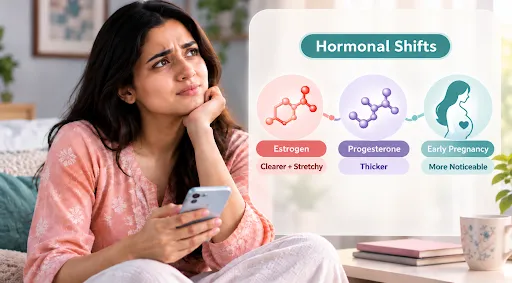Indian woman learning how oestrogen and progesterone changes affect vaginal discharge during early pregnancy.