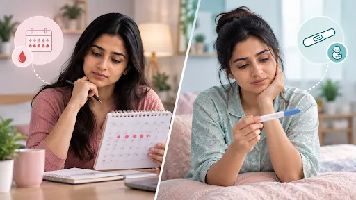 Indian woman tracking her menstrual cycle and another woman checking a pregnancy test to understand early pregnancy signs.