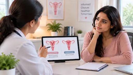 Female gynaecologist explaining the difference between myomectomy and hysterectomy to a young Indian woman during a consultation.
