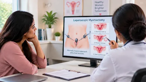 Female gynaecologist explaining laparoscopic myomectomy and uterine fibroid removal using medical illustrations on a computer screen.